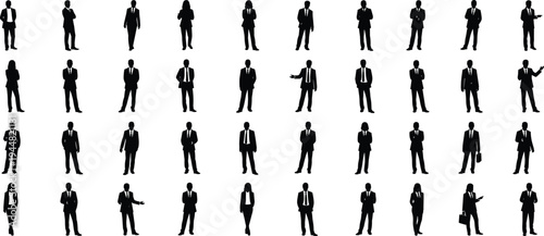 Massive collection of black silhouettes featuring professional business men and women standing in formal suits for corporate leadership and office staff presentation isolated on white