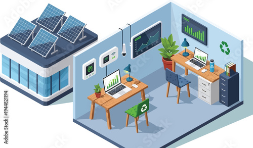 An isometric view illustrates a modern office space powered by rooftop solar panels connected to an adjacent building system.