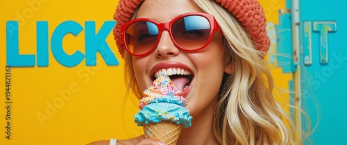 Trendy young woman enjoying colorful ice cream in a vibrant pop art style scene. Bright summer vibes, playful mood, and bold fashion create a fun, modern lifestyle concept perfect for advertising and 