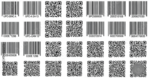 Various arrangements of black and white UPC and QR codes are displayed in a grid pattern for product identification.
