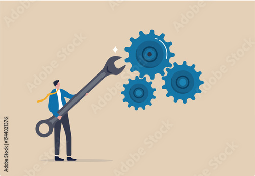 Adjustment and optimization for business improvement, change or fine tune for smooth ride, repair and maintenance service concept, businessman holding wrench to adjust gear cogwheels setting