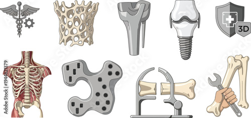 A collection of orthopedic implants, anatomical diagrams, and surgical instruments displays components for bone repair.