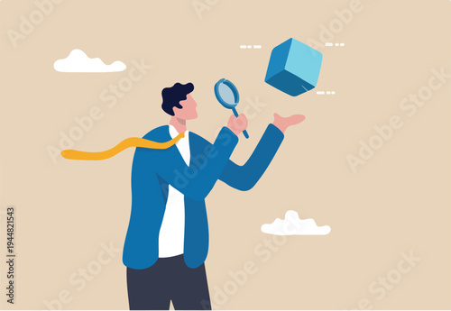 Business case study or marketing research, analyze product prototype or competitor, learning or search for strong and weakness concept, smart businessman use magnifying glass to analyze