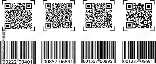 Four distinct sets of QR codes and corresponding numbered universal product codes are displayed against a white background.