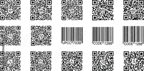 A collection of various black and white QR codes and standard UPC barcodes are displayed against a white background.