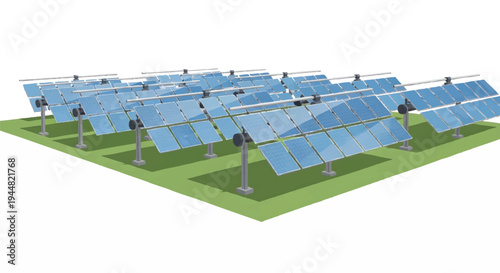 Solar panel farm with rows of blue photovoltaic panels on green grass