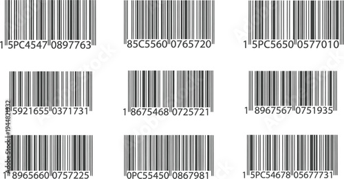Multiple variations of monochrome UPC and EAN barcode symbols are presented in horizontal rows for product tracking and inventory management.