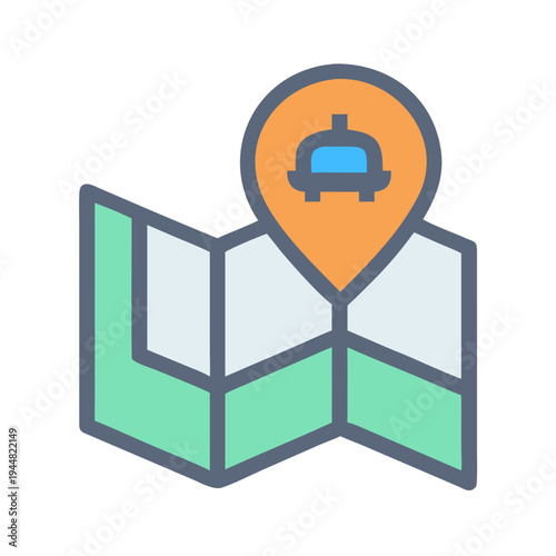 Folded map with location pin icon indicating taxi service availability zone