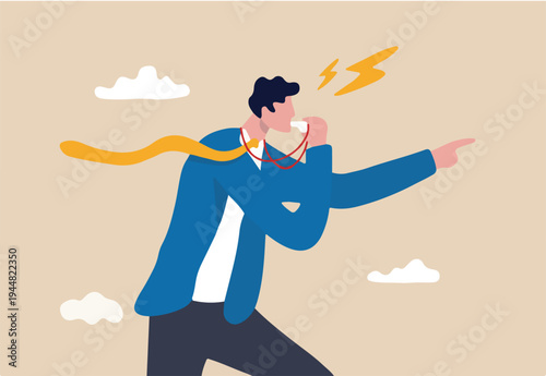 Business whistleblower the misconduct inside person to illegally disclose information to public concept, businessman blowing the whistle out load while pointing signal to tell other people