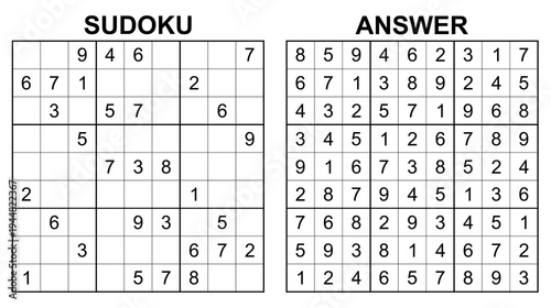 Vector sudoku with answer 51. Educational game with numbers for kids and leisure for adult on white background.	