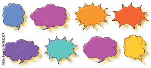 Colorful Comic Book Style Speech Bubbles and Starbursts on Halftone Background