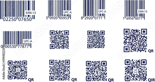 A collection of different one dimensional barcode formats are displayed in rows, indicating various international product standards like UPC and EAN.