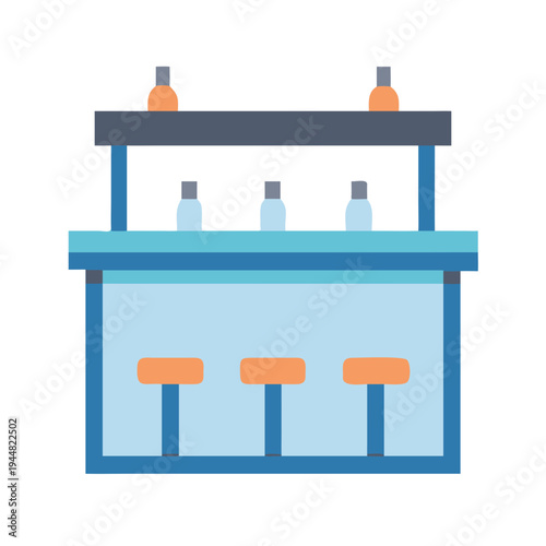 Minimalist flat illustration of a bar with bottles and bar stools on black