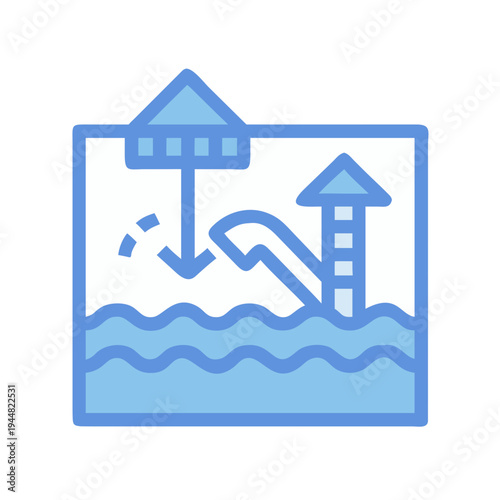 Stylized water park illustration featuring slides and water waves in square frame