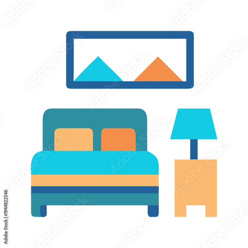 Minimalist bedroom design with bed, nightstand and wall art on black backdrop