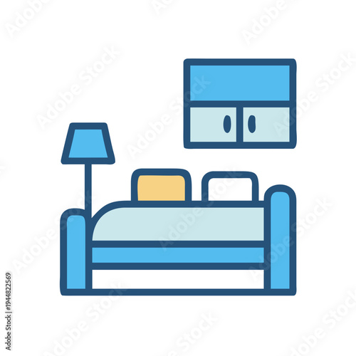 Minimalist bedroom graphic featuring a bed, bedside lamp and drawers in blue tones