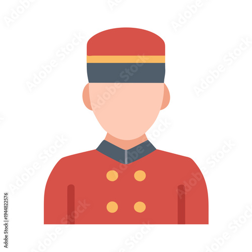 Flat vector graphic of a hotel bellhop with hat and uniform on black background