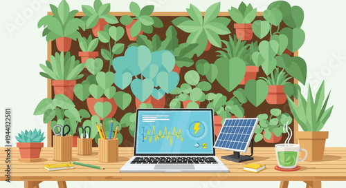 Laptop displaying green energy metrics sits on a desk surrounded by many potted plants and a small solar panel.