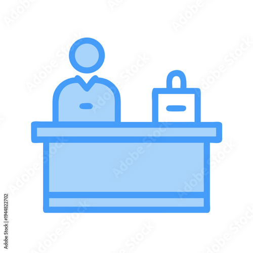 Stylized hotel reception icon with attendant and luggage on counter illustration