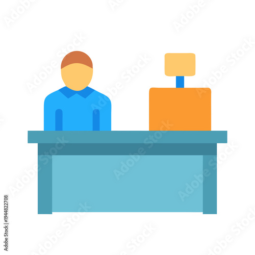 Flat illustration of a cashier at a desk with simple shapes on black