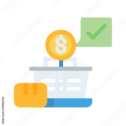Online shopping success: A coin, shopping basket, and delivery box represent secure purchasing