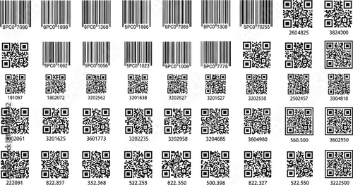 A dense grid displays numerous standard barcodes and a variety of fully populated QR codes arranged uniformly in rows and columns against a white backdrop.