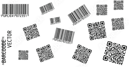 Multiple standard UPC barcodes and diverse QR codes are scattered across a white background with one vertical text element indicating the vector nature of the graphic elements.