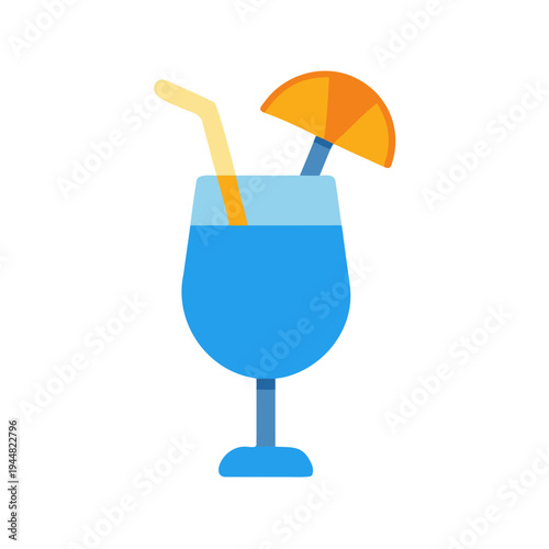 Stylized blue cocktail illustration with straw and umbrella on a black background