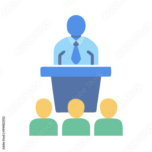 Presentation icon featuring a speaker at a podium with three audience members