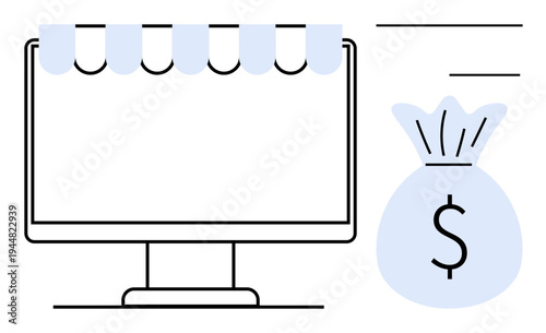 E-commerce, online shopping, business growth, digital marketing, financial success, consumerism. Desktop monitor with a storefront awning and money bag. E-commerce and online shopping icon concept