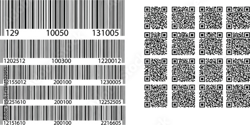 A grid displays multiple identical square QR code patterns arranged neatly next to several rows of vertical linear barcodes with associated numerical identifiers.