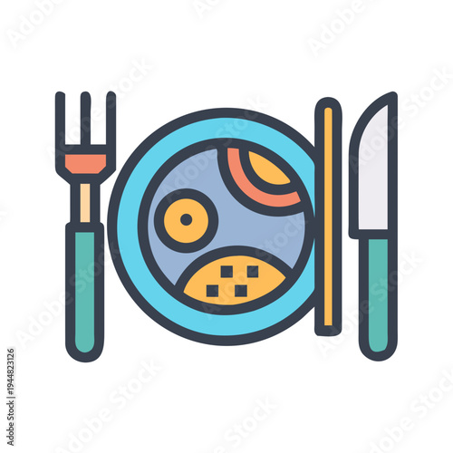 Flat design illustration of a plate with food and silverware on black backdrop