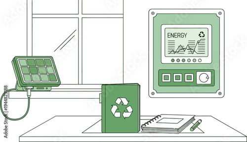 An illustration shows an energy monitoring display panel mounted near a window next to a recycling labeled book and notebook.