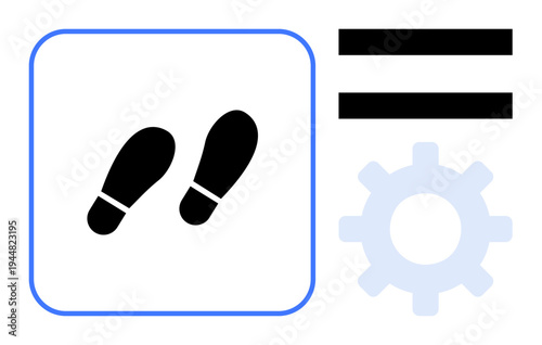 Black footsteps, equal sign, and light blue gear with clean design. Ideal for teamwork, strategy, workflow, step-by-step process, equality, automation productivity metaphor simple flat metaphor
