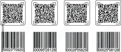 Four distinct square QR codes are aligned above four parallel standard retail barcodes, illustrating various encoding formats.