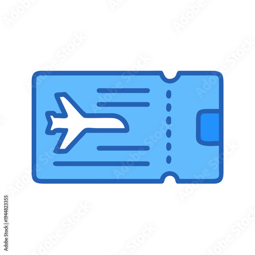 Modern blue airline ticket with airplane icon on a dark background.