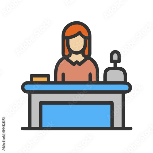Receptionist woman standing behind a desk, in cartoon style, isolated on black