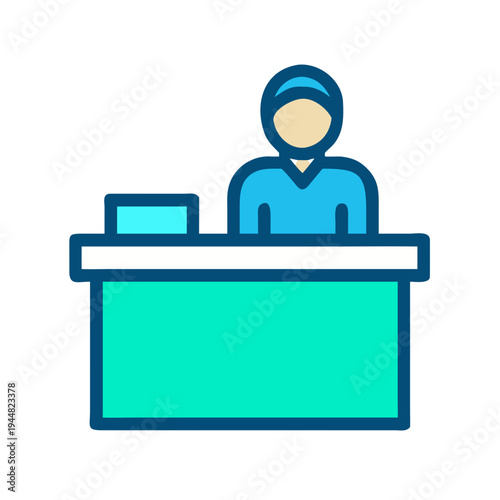 Receptionist at desk icon in blue and teal colors on black background