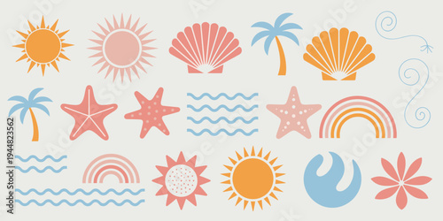 Summer Themed Icons and Symbols in Soft Colors on Light Background
