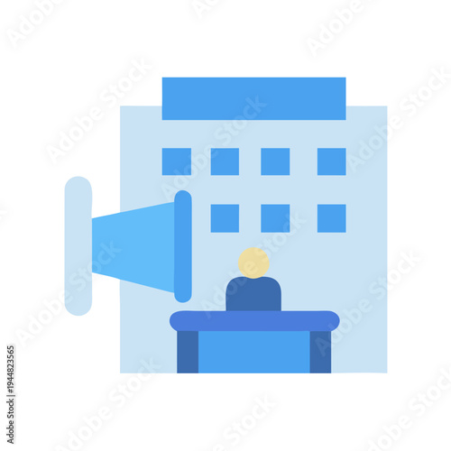 Blue Icon Illustration of a Building with Megaphone Representing Business Communication