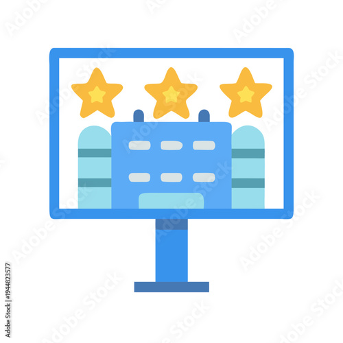 Blue billboard with three gold stars displaying building rating on black backdrop