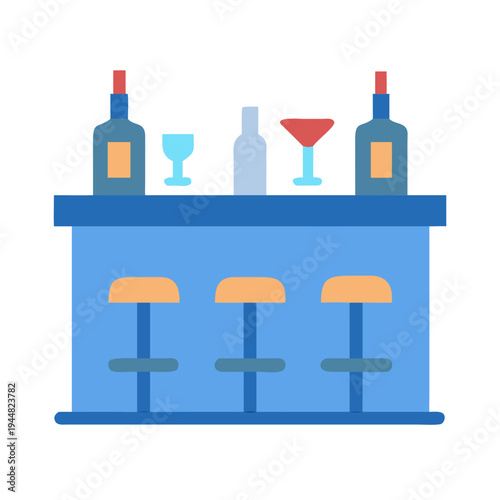 Minimalist bar counter illustration with barstools bottles and glasses on a black background