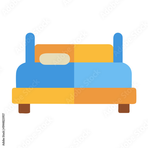 Stylized Bed Illustration with Blue Frame and Tan Bedding on Black Background