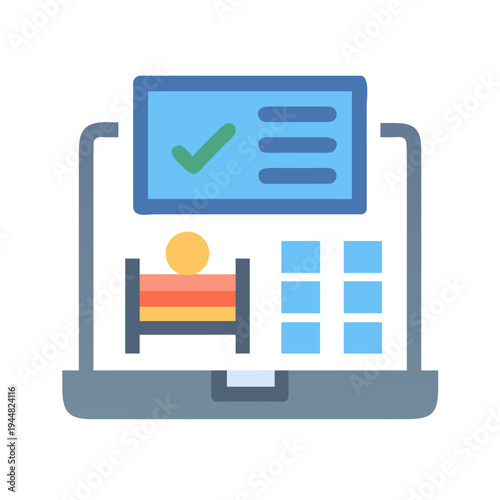 Online hotel booking on a laptop with a checkmark icon, flat design style