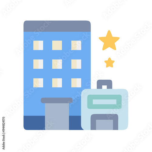 Flat vector illustration depicting a hotel building with luggage and stars