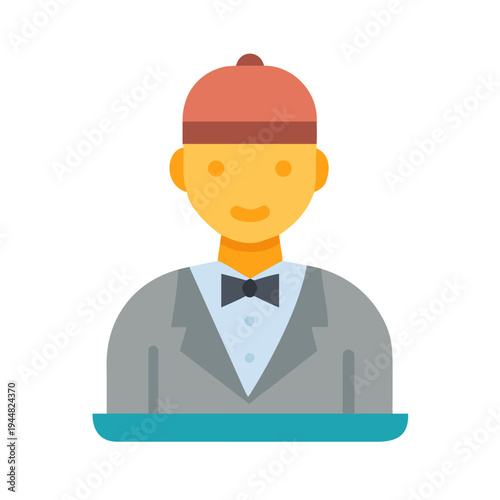 Flat style vector illustration of a hotel bellhop on a black background