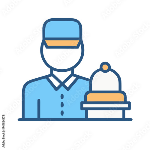 Hotel bellhop icon carrying tray with cloche in flat design style