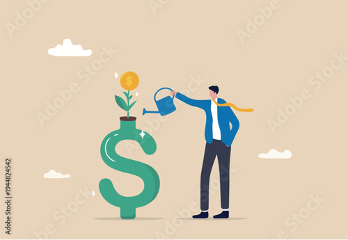 Money growth, growing investment profit or retirement pension fund, increase wealth and earning, income or revenue concept, businessman watering growing seedling with dollar money coin flower