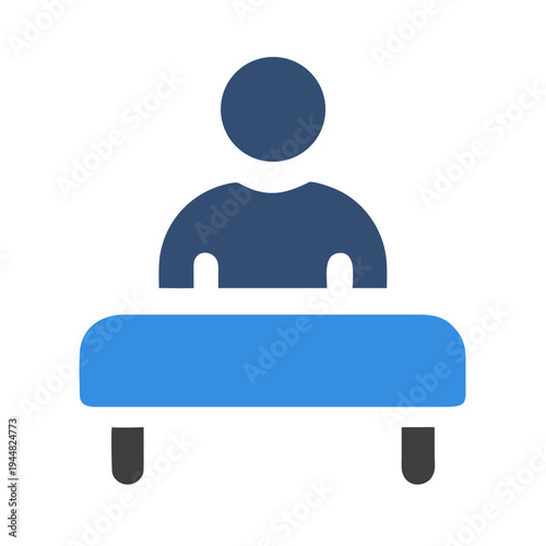 Minimalist flat graphic person at desk or counter against a black background