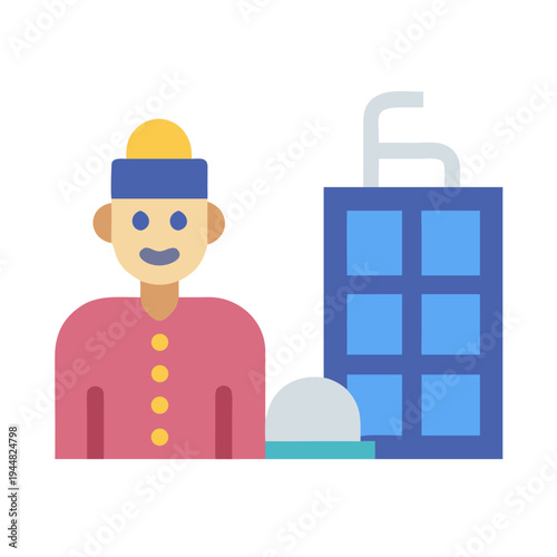 Flat vector illustration of a hotel bellhop next to luggage and building
